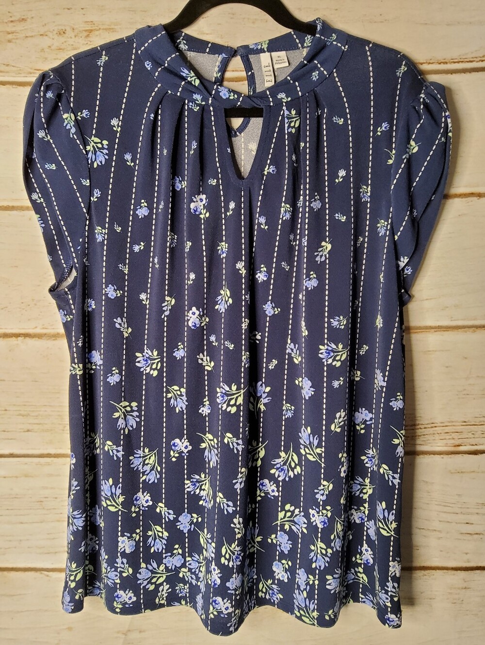 Elle Gibbs Garden Navy Blue Floral Mockneck Top